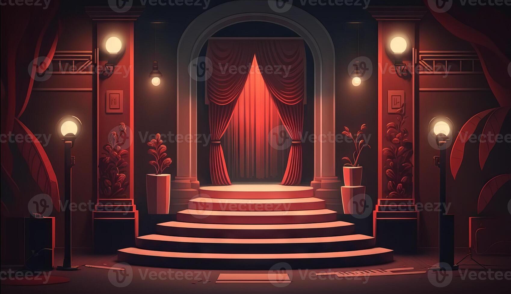 Stage for a show or TV entertainment with microphone, stairs, red curtains, spotlights, illumination and decor. photo