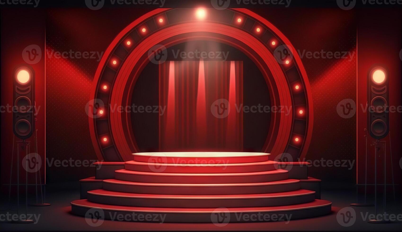 Stage for a show or TV entertainment with microphone, stairs, red curtains, spotlights, illumination and decor. photo