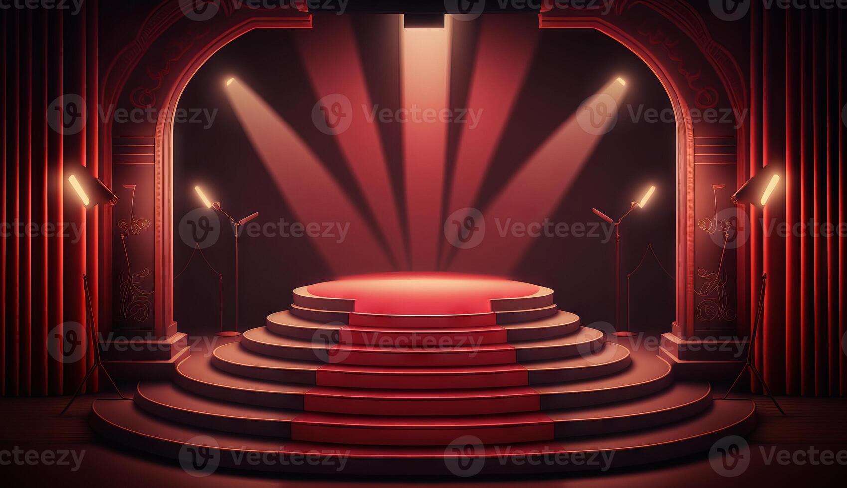 Stage for a show or TV entertainment with microphone, stairs, red curtains, spotlights, illumination and decor. photo
