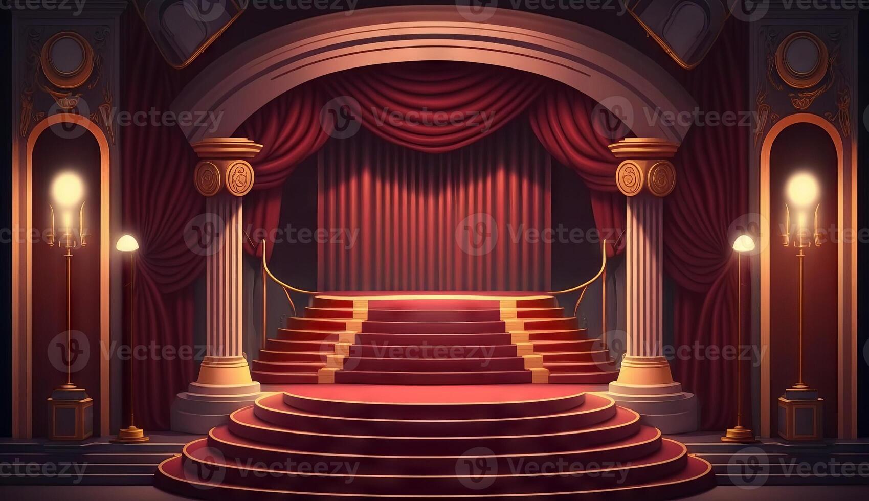 Stage for a show or TV entertainment with microphone, stairs, red curtains, spotlights, illumination and decor. photo