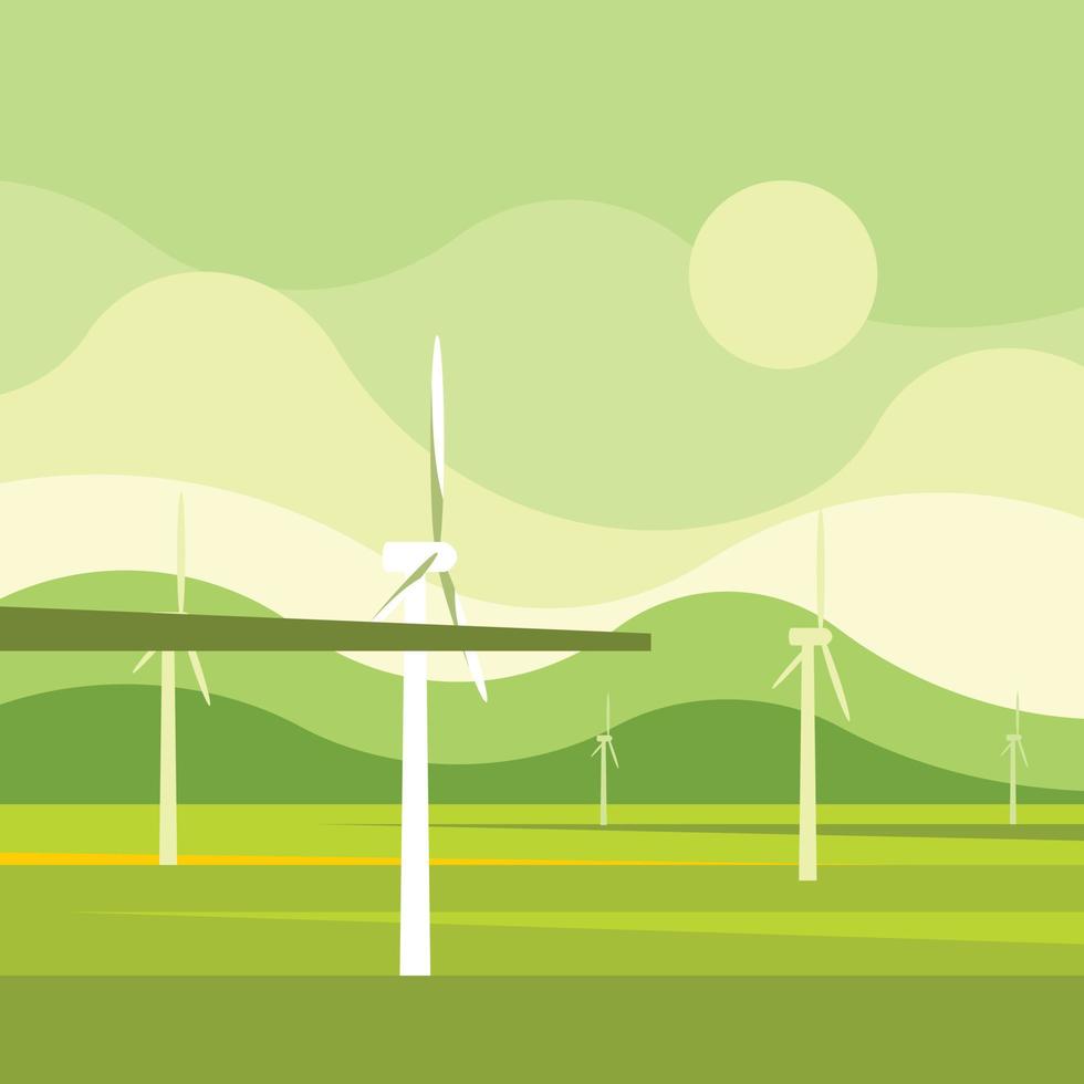 Vector Image Of A Green Field With Wind Turbines