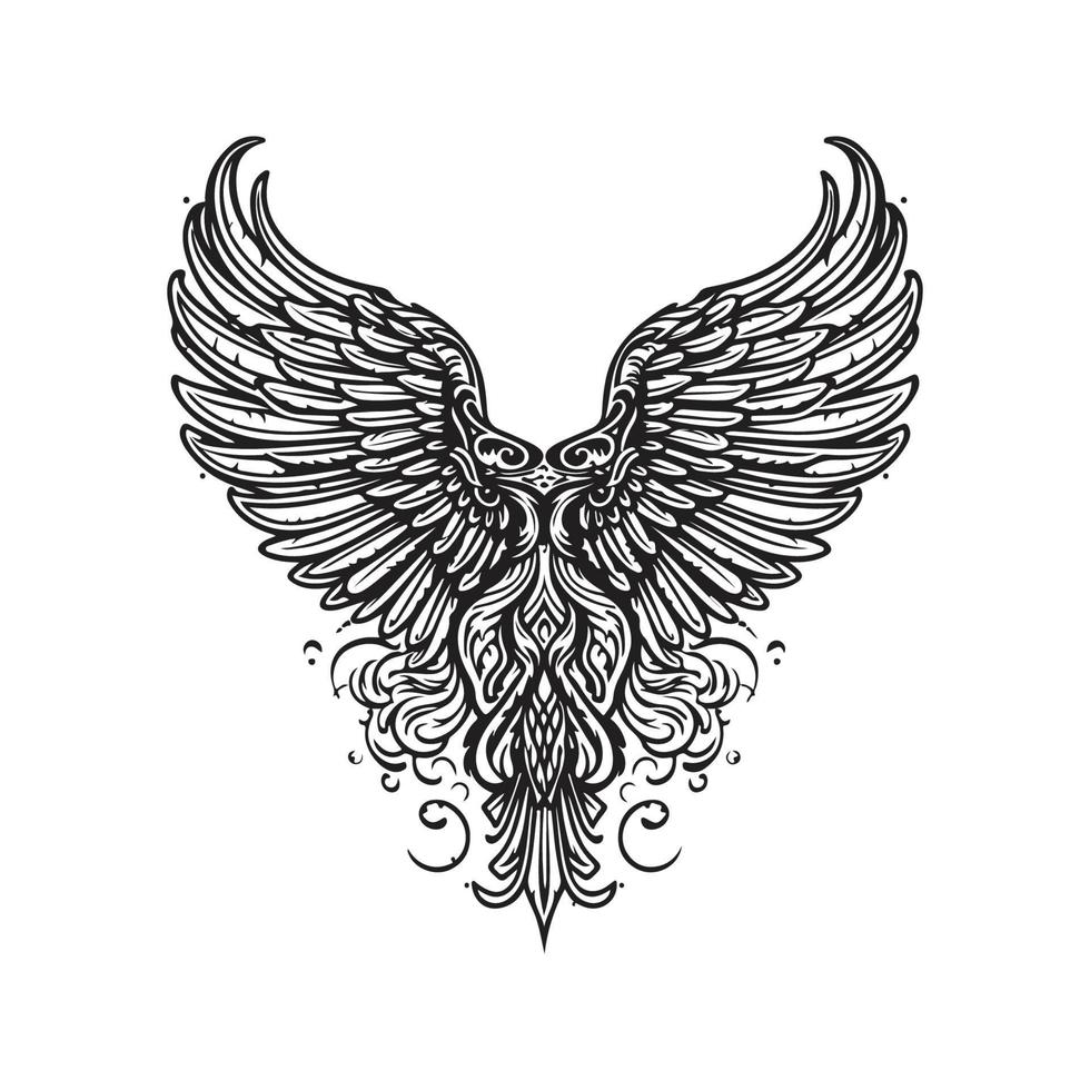 angelic wing, vintage logo concept black and white color, hand drawn illustration vector