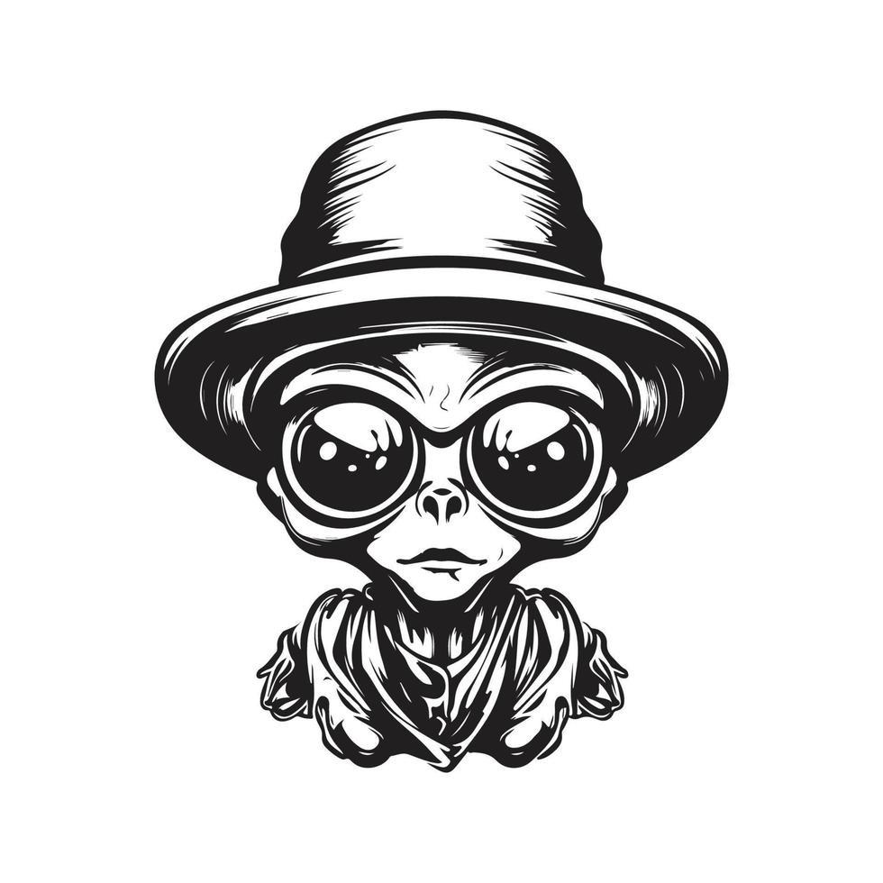extraterrestre en explorar sombrero, Clásico logo concepto negro y blanco color, mano dibujado ilustración vector