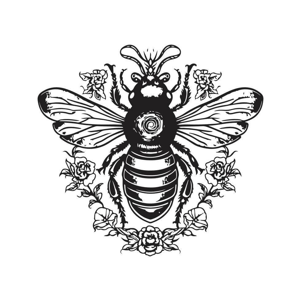bee, vintage logo concept black and white color, hand drawn illustration vector