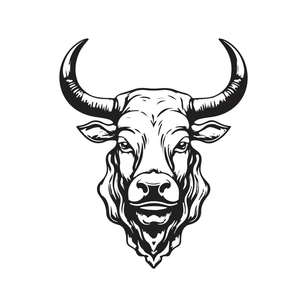 long horn bull, vintage logo concept black and white color, hand drawn illustration vector