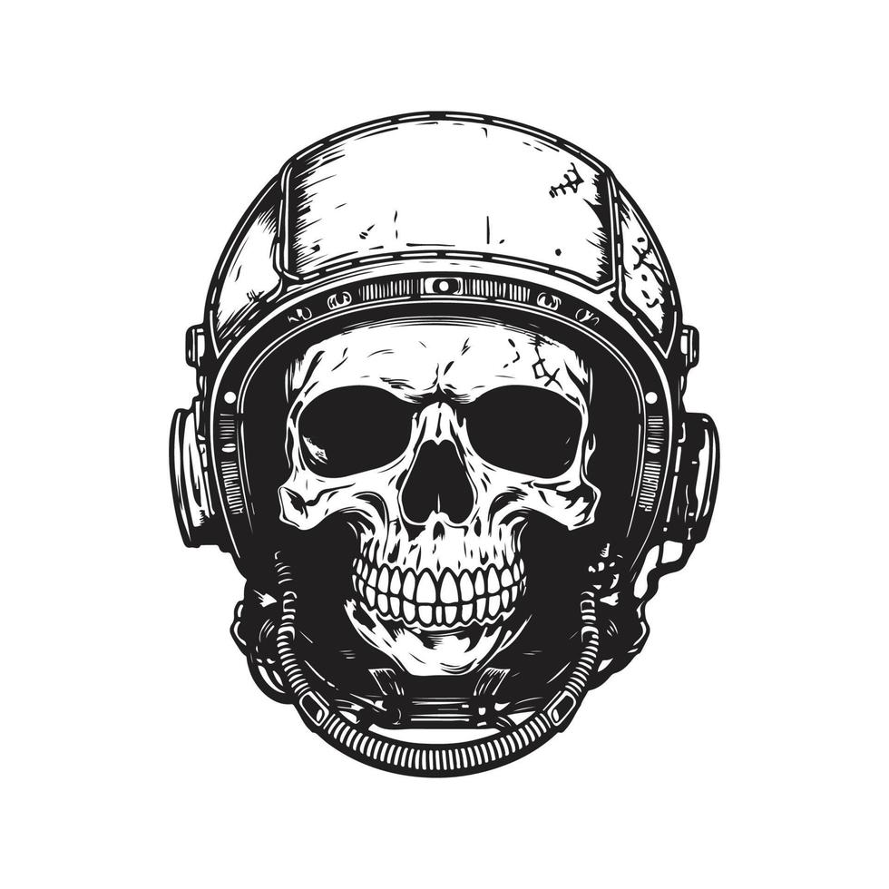 astronaut helmet skull, vintage logo concept black and white color, hand drawn illustration vector