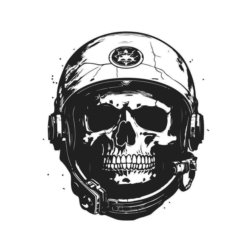 astronaut skull, vintage logo concept black and white color, hand drawn illustration vector