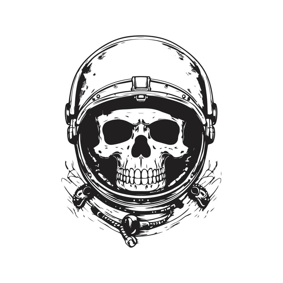 astronaut skull, vintage logo concept black and white color, hand drawn illustration vector