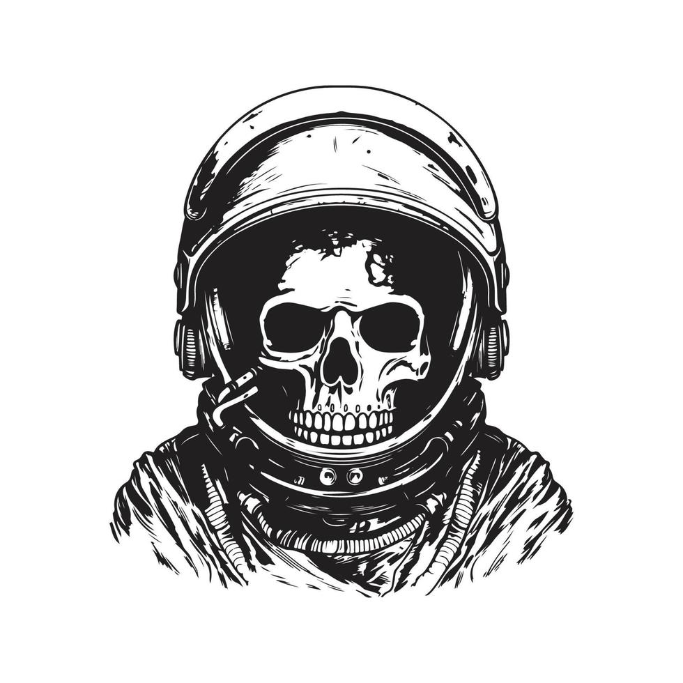 astronaut helmet with skull, vintage logo concept black and white color, hand drawn illustration vector