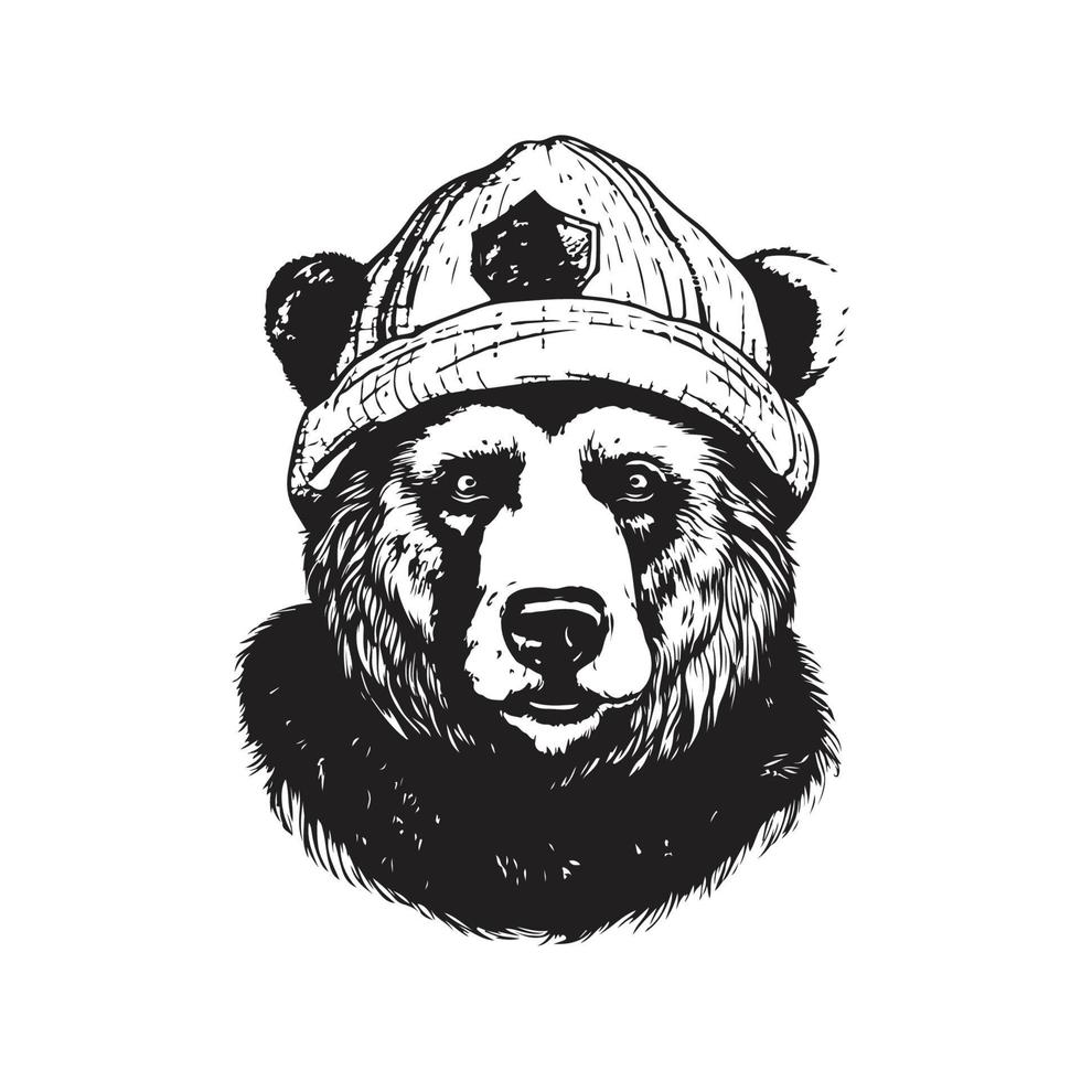 bear wearing hat, vintage logo concept black and white color, hand drawn illustration vector