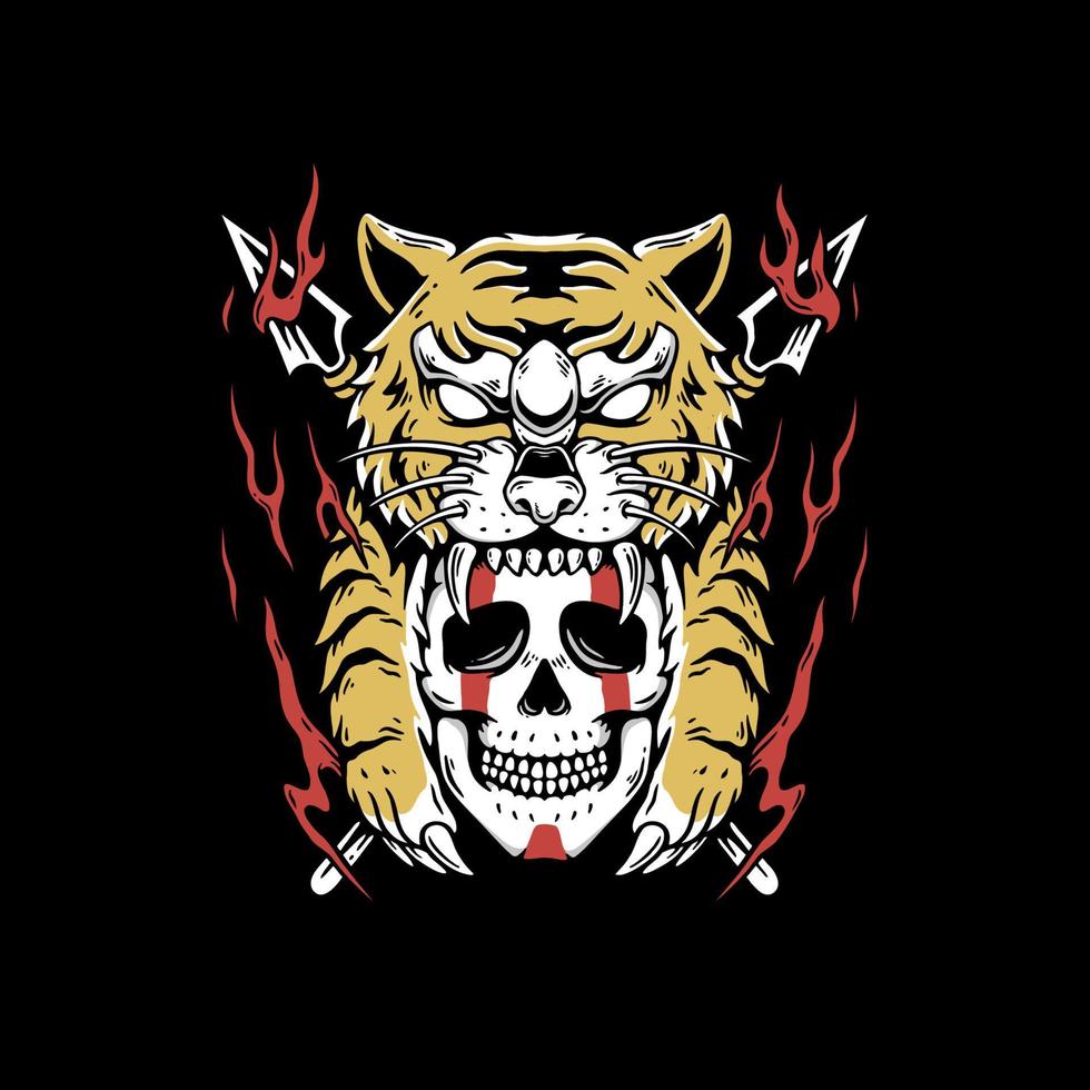 Illustration vector graphic of skull with tiger head suitable for t-shirt design