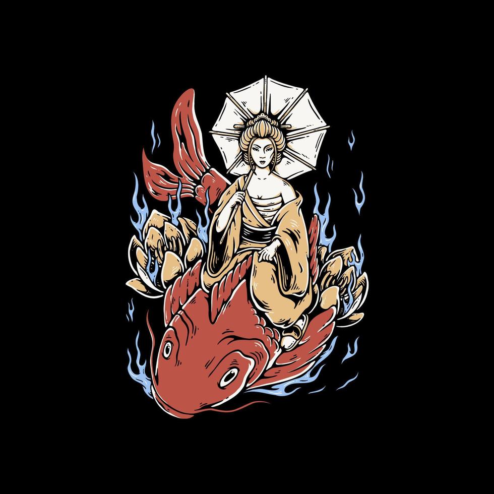 Illustration vector graphic of geisha riding fish suitable for t-shirt design