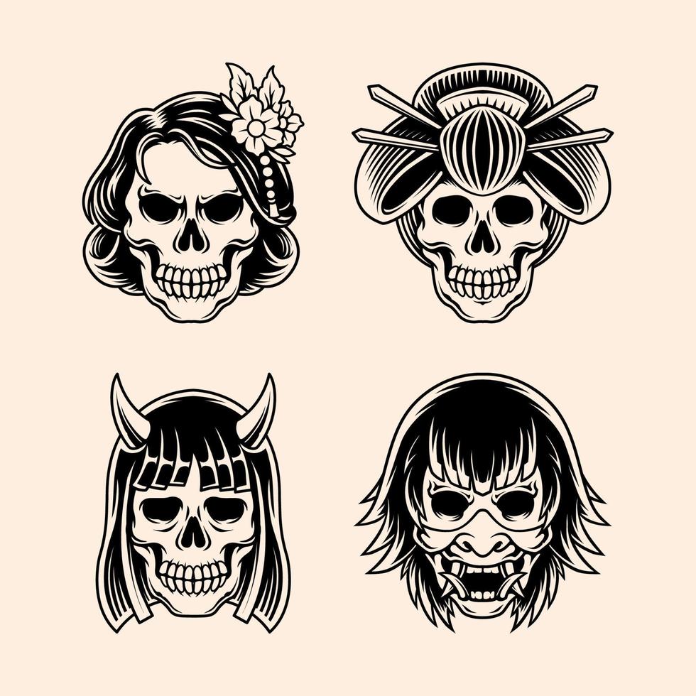Illustration vector graphic of skull geisha bundle suitable for t-shirt design
