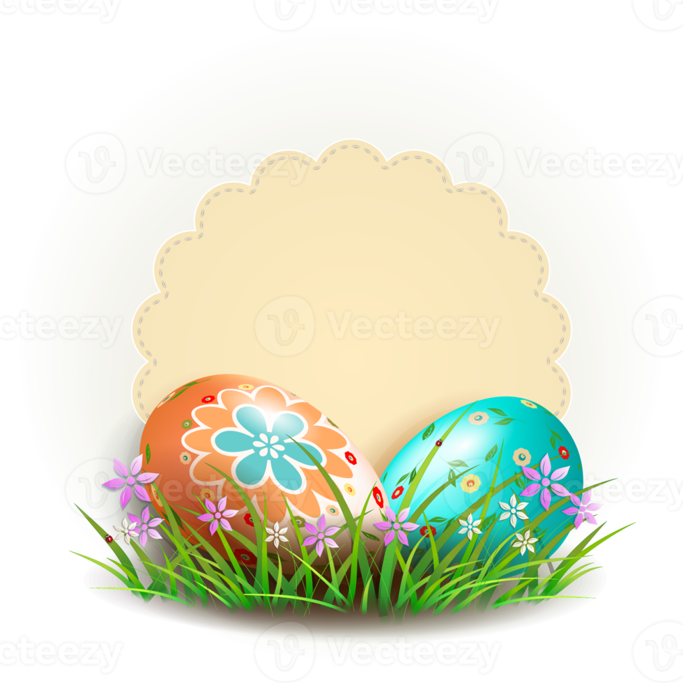 Design element with Easter eggs and grass, flowers and round frame. png