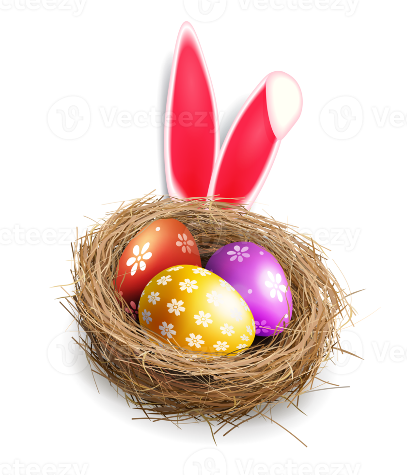 Easter eggs with a pattern in a nest with rabbit ears, design element. png