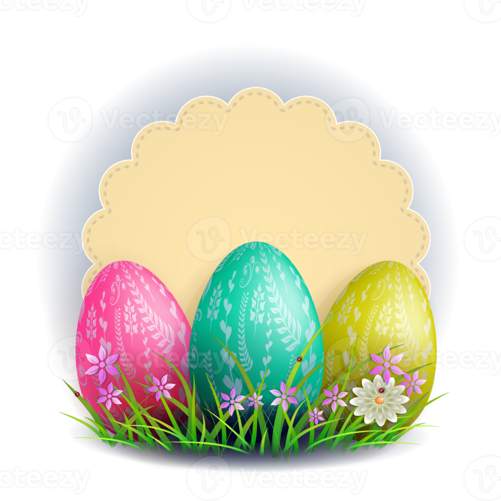 Illustration with a round curly frame and a set of Easter eggs. png