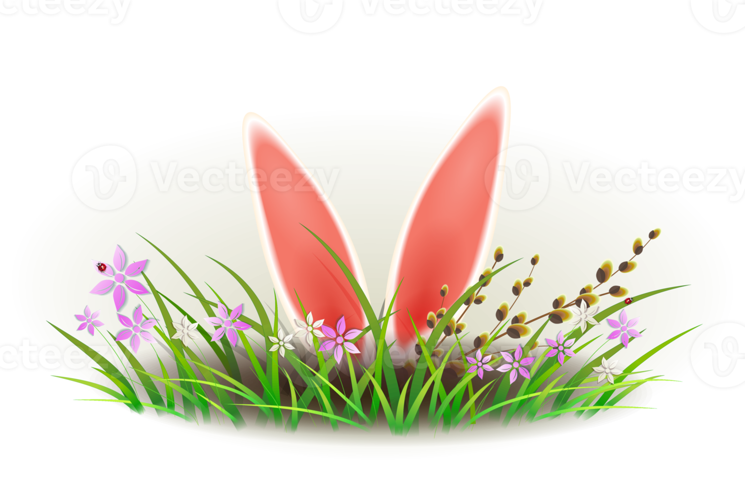 Easter composition with rabbit ears, green grass with flowers and willow branch. Element for design. png
