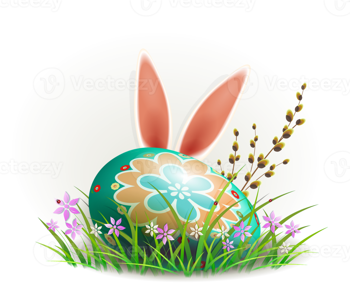 Easter egg with rabbit ears, green grass with flowers and willow branch. Element for design. png