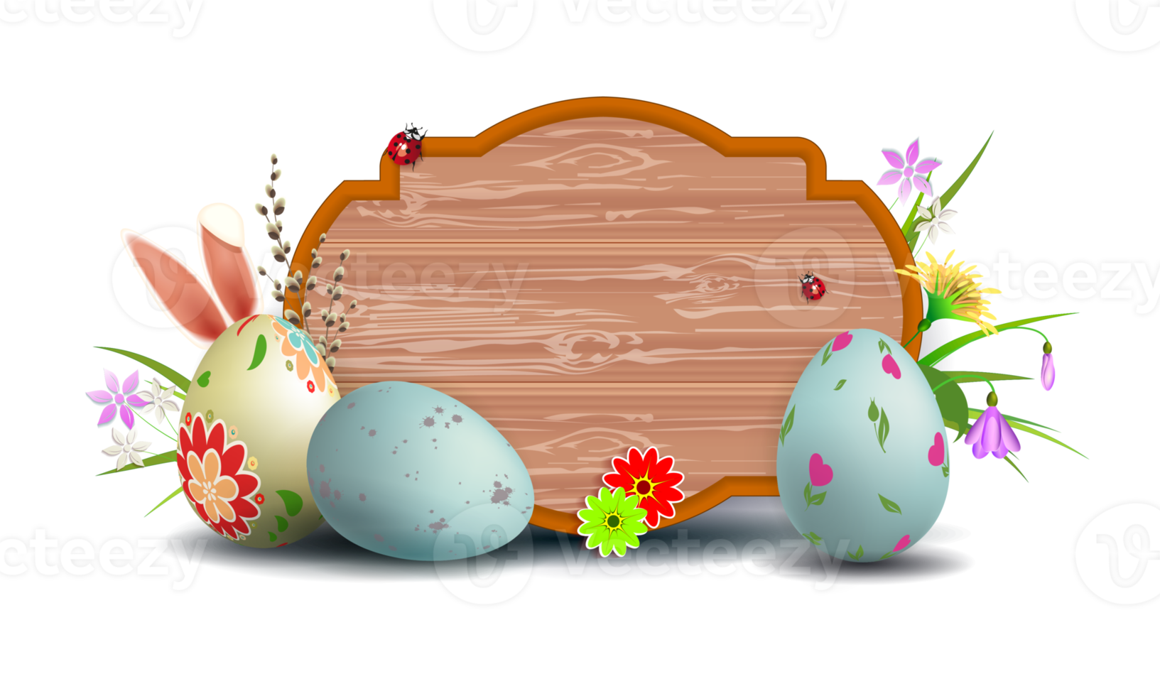 Easter composition with decorative frame, patterned eggs, grass with flowers. png