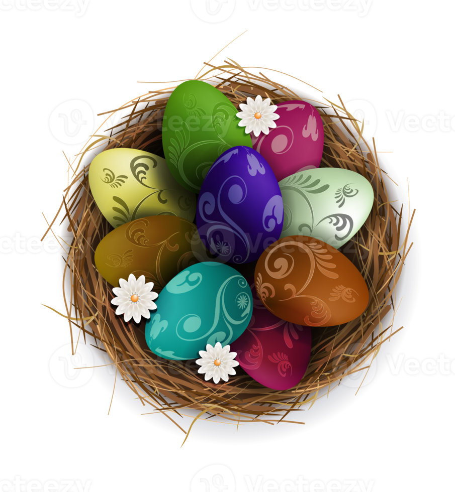 Easter eggs in a nest, isolated design element. png