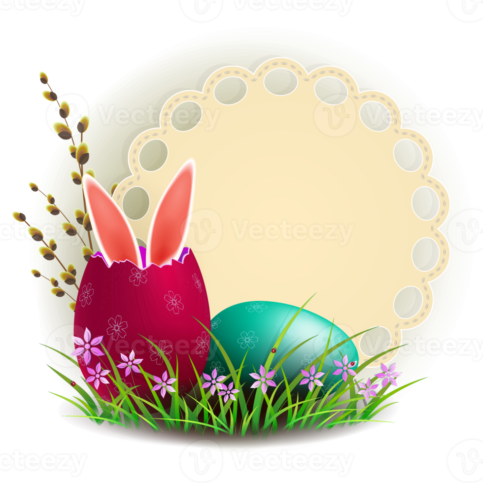 Easter eggs with rabbit ears, a willow branch, green grass with flowers and a round frame. Element for design. png