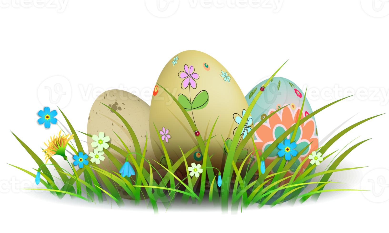 Composition with wonderful Easter eggs, grass and flowers. png