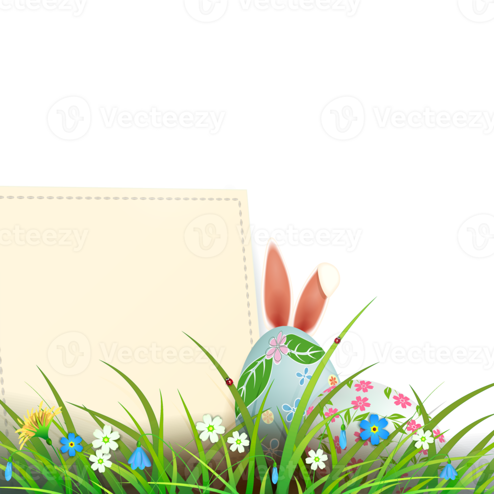 Easter composition with square frame, eggs and rabbit ears, spring flowers and grass. png