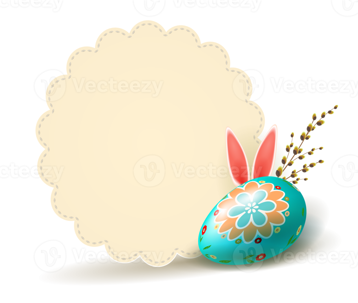 Easter light composition with a round frame stitched with thread and rabbit ears, greeting card. png