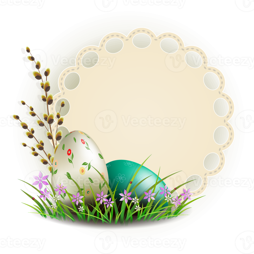 Pasen samenstelling met een ronde kader, eieren en een wilg tak, groet kaart. png