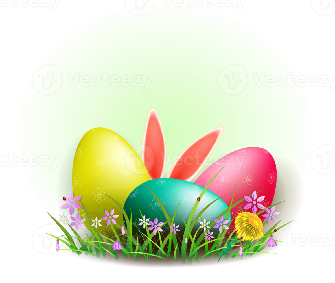 Pascua de Resurrección huevos con Conejo orejas y sauce rama, verde color composición con césped y flores png