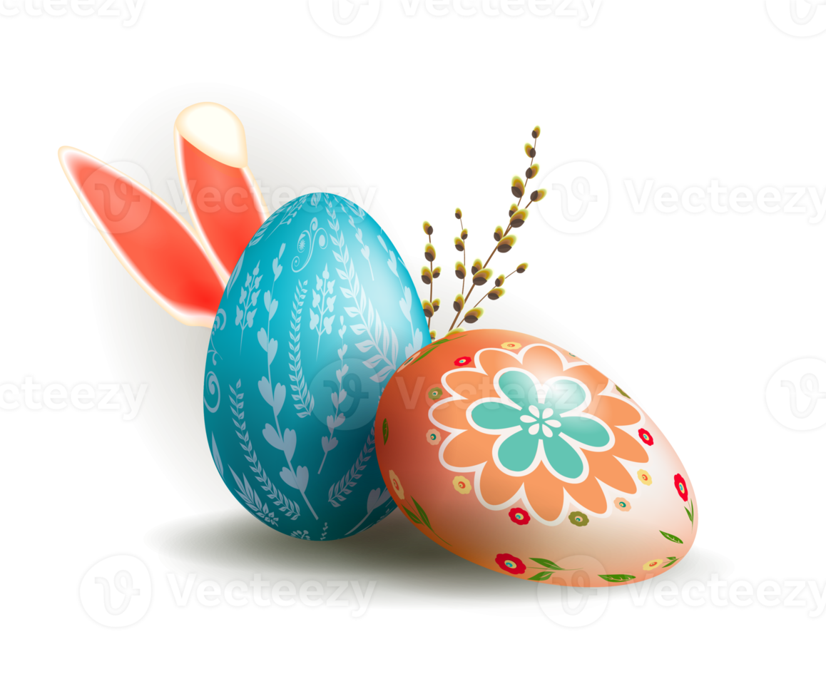 Easter eggs with bunny ears and willow branch, green composition with blackboard silhouette, oval abstract frame. png