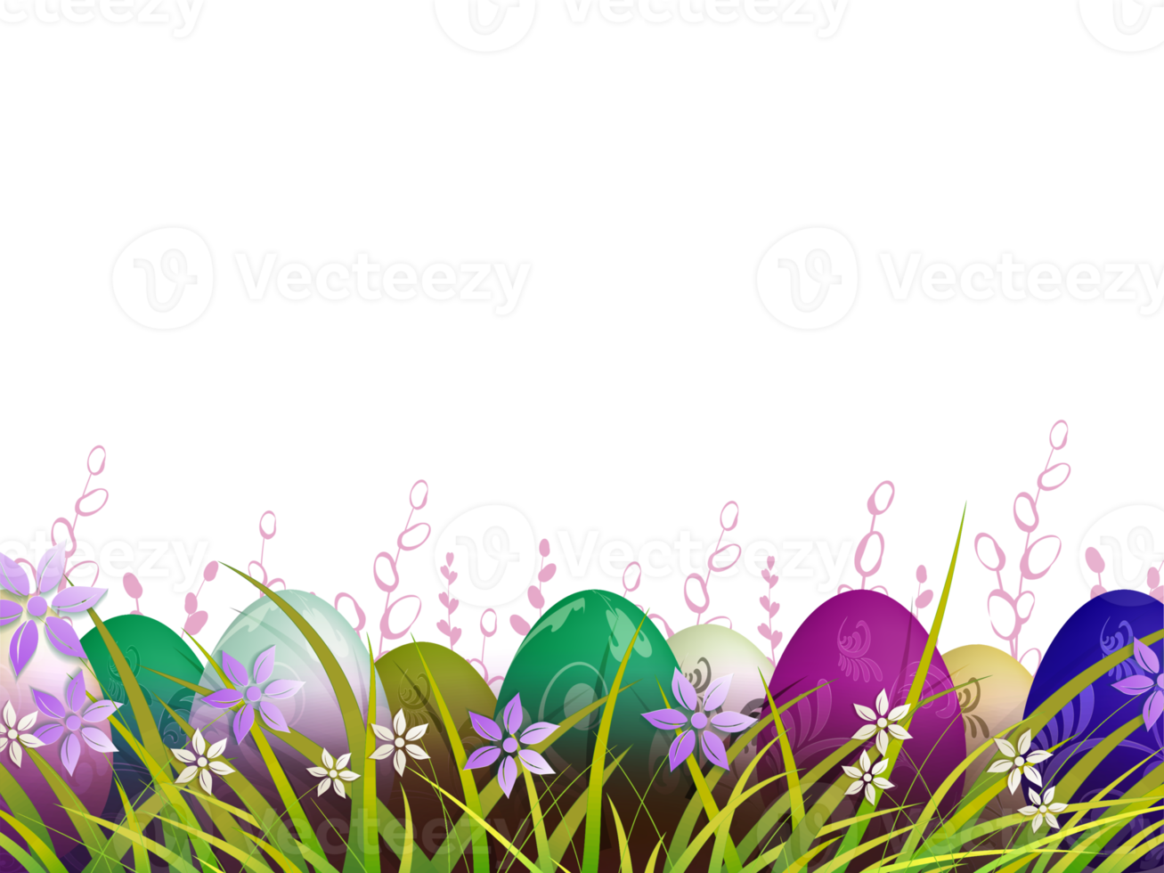 Easter composition, multi-colored eggs are drawn in the grass with flowers. png