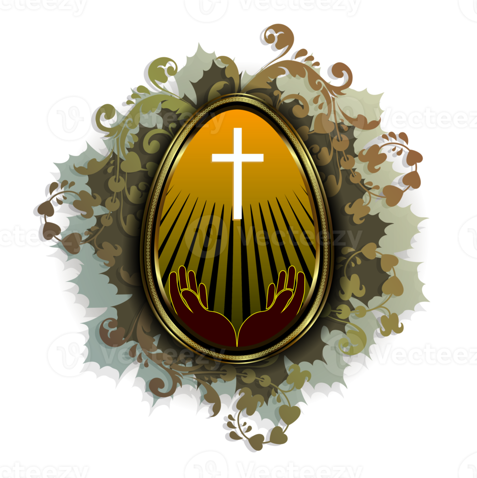 Easter egg with hands and a cross in a gold frame with a green wreath of leaves. png