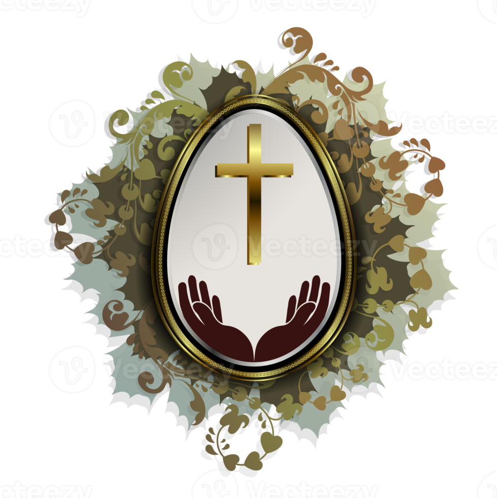 Easter egg with hands and a cross in a gold frame with a green wreath of leaves png