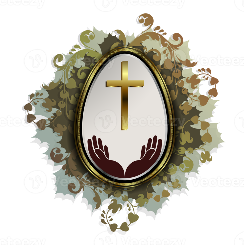 Easter egg with hands and a cross in a gold frame with a green wreath of leaves png