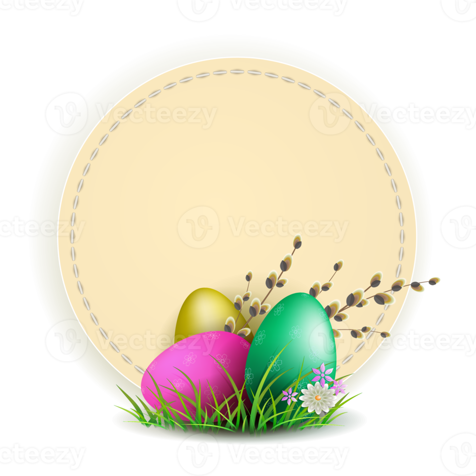 Composition of light color with a round frame and a set of Easter eggs and a willow branch, a postcard. png