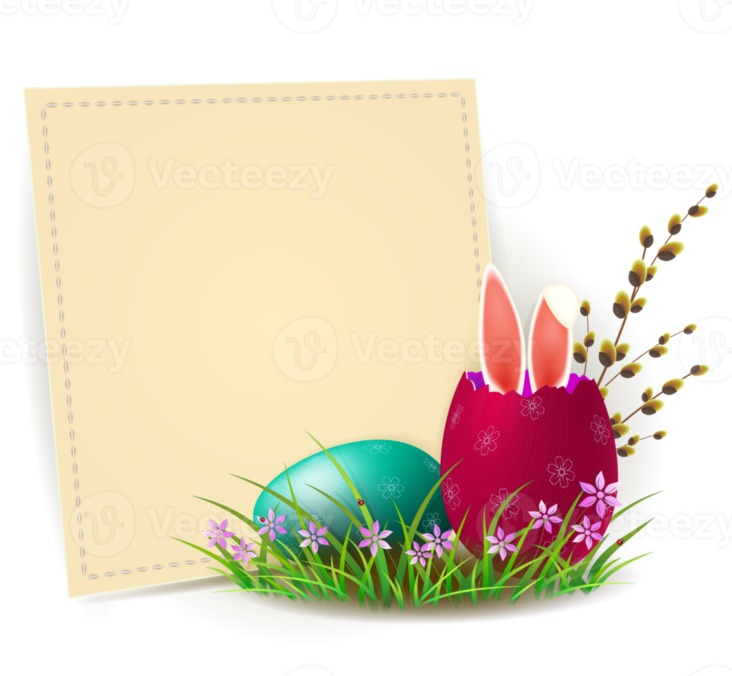 A square beige frame with Easter eggs, a willow branch, rabbit ears and text. Design element. png