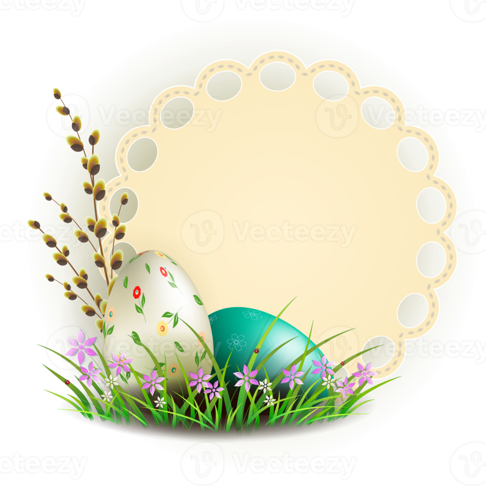 Easter composition with eggs, a round figured frame, a grass and flowers, a design element. png