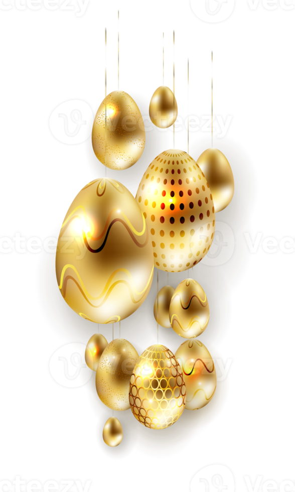 Easter yellow composition with shiny golden and white eggs with a pattern on the pendants. png