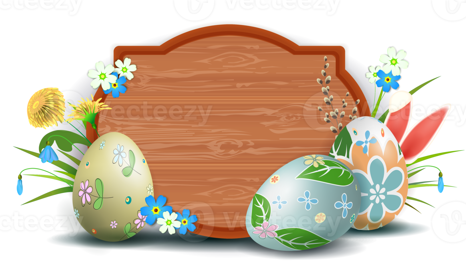 Easter composition with eggs and rabbit ears, spring flowers with willow twig and grass. png