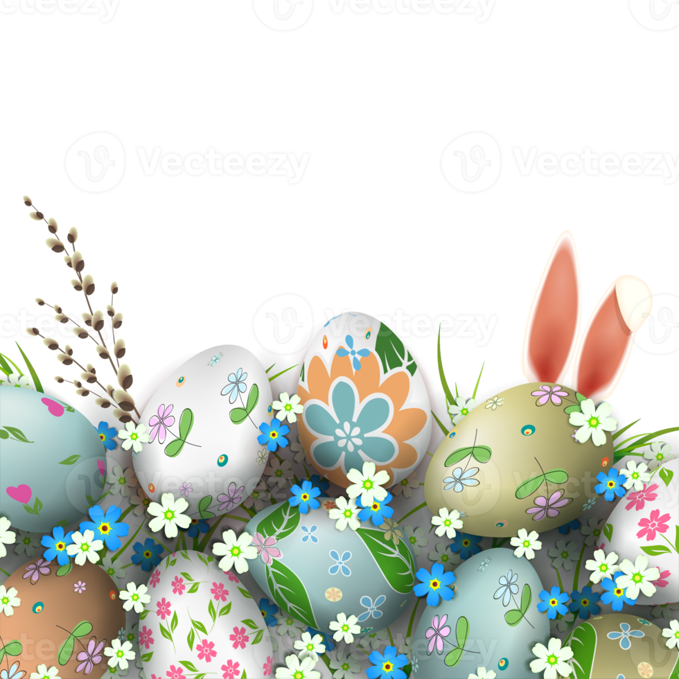 Composition with wonderful Easter eggs, bunny ears and willow twig. png