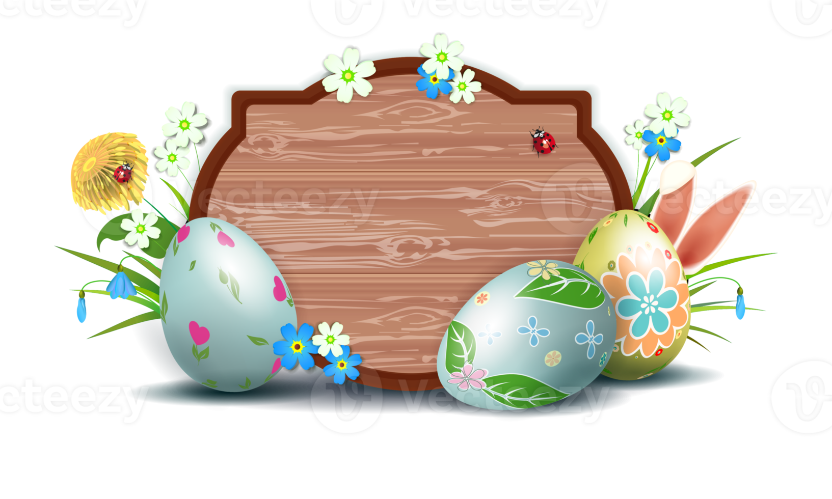 Easter illustration with a curly frame, eggs with a pattern, grass with flowers. png