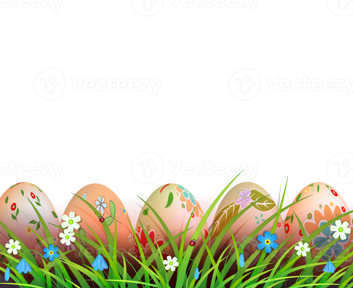 Easter composition, patterned eggs are drawn in the grass with flowers. png