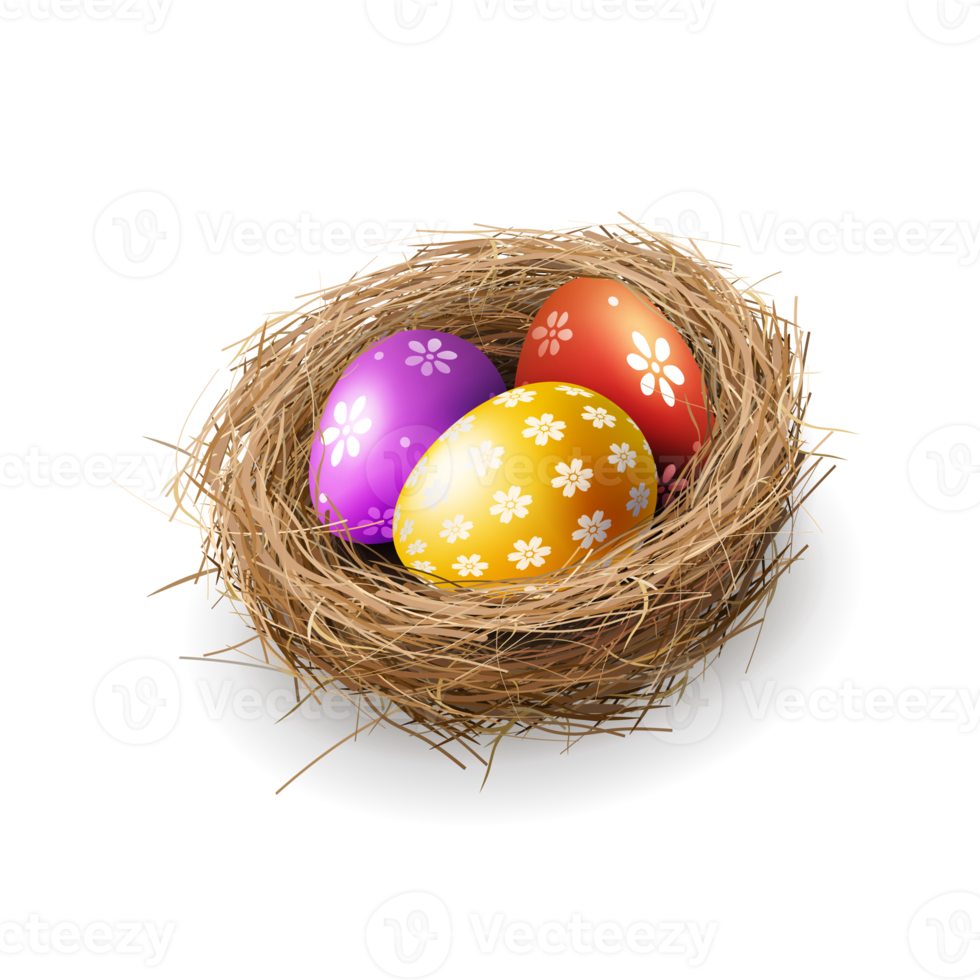 Lovely Easter eggs in a straw nest, design element. png