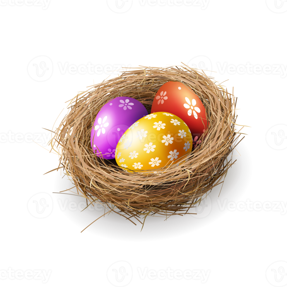 Lovely Easter eggs in a straw nest, design element. png