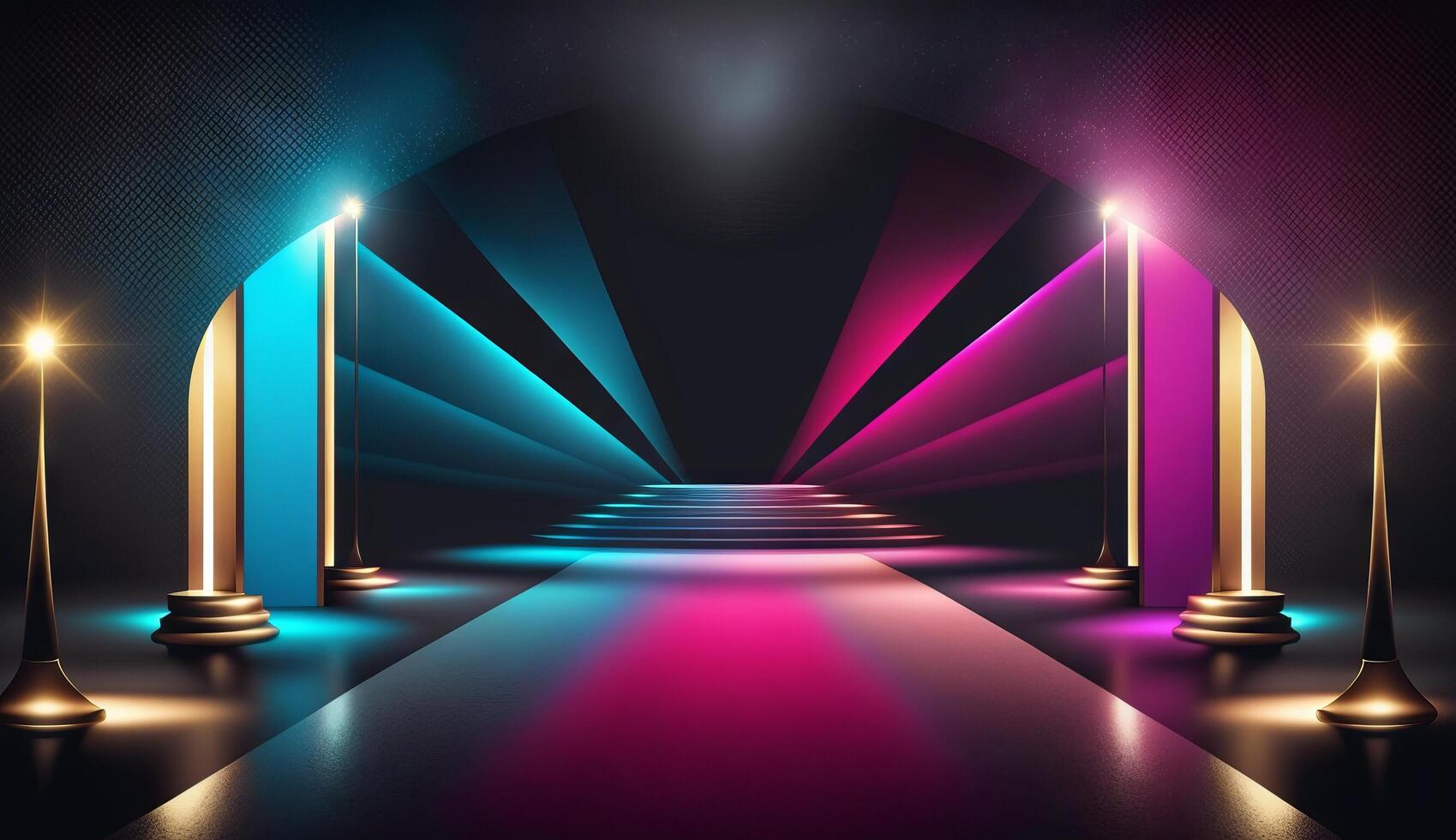 Blue Pink Red Golden Stage Spotlights Awards Graphics Background Celebration. photo