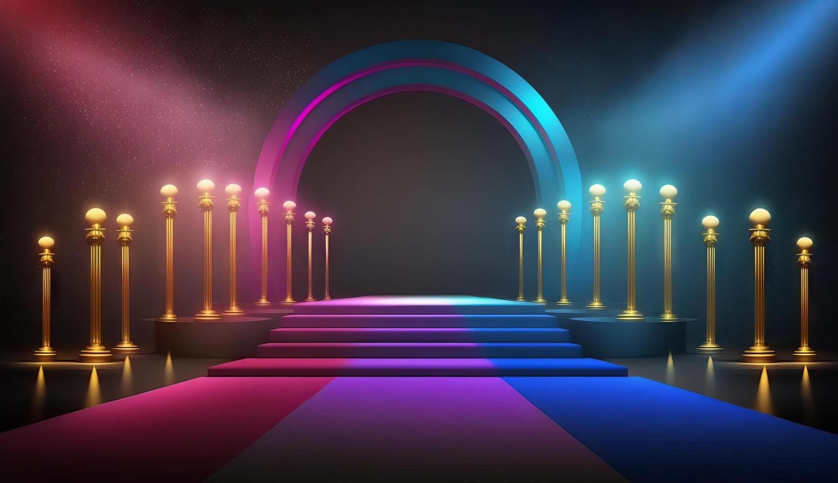 Blue Pink Red Golden Stage Spotlights Awards Graphics Background Celebration. photo