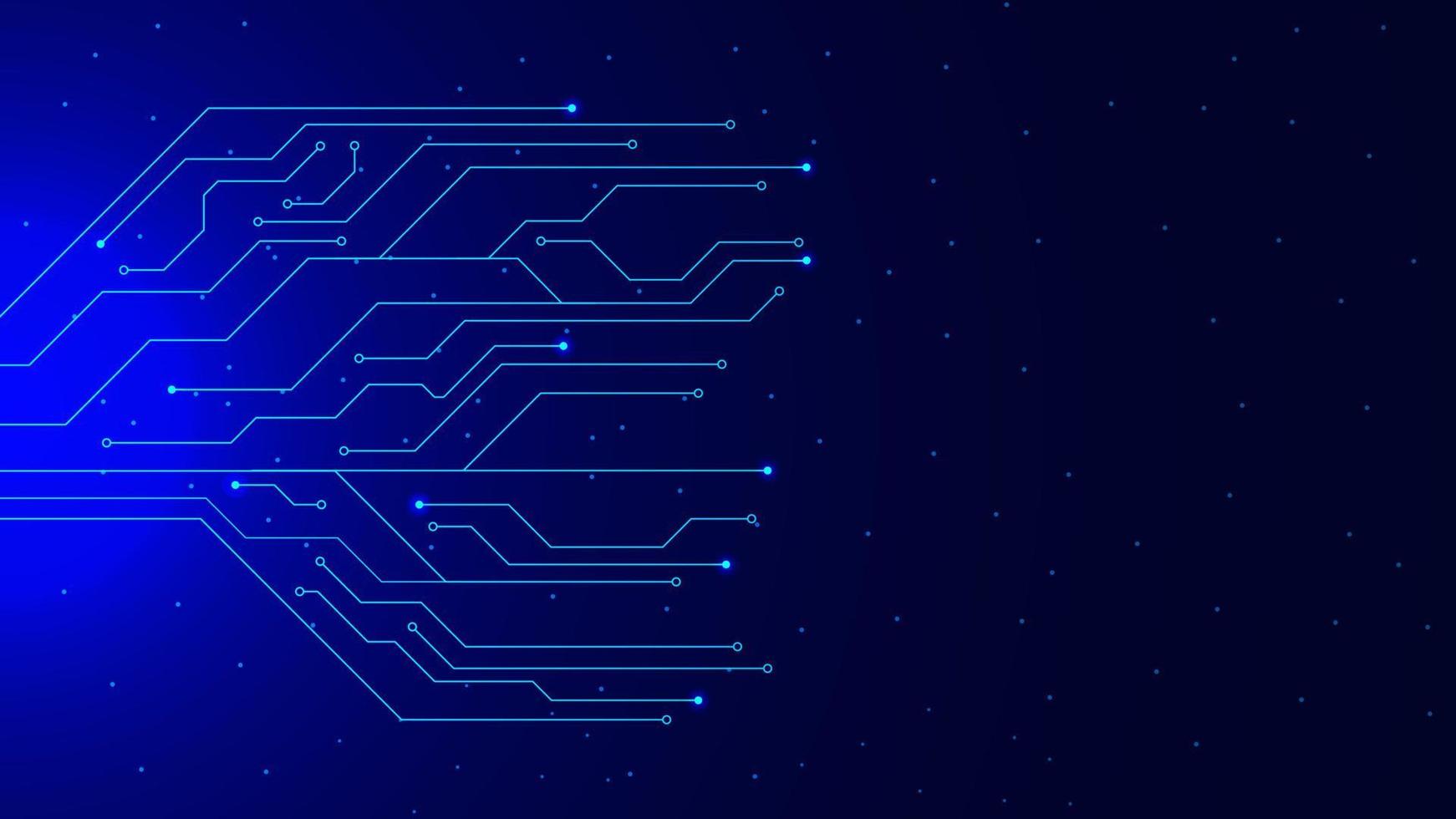 Digital technology circuit board concept backdrop. Scifi PCB trace data transfer on blue background. Vector illustration.