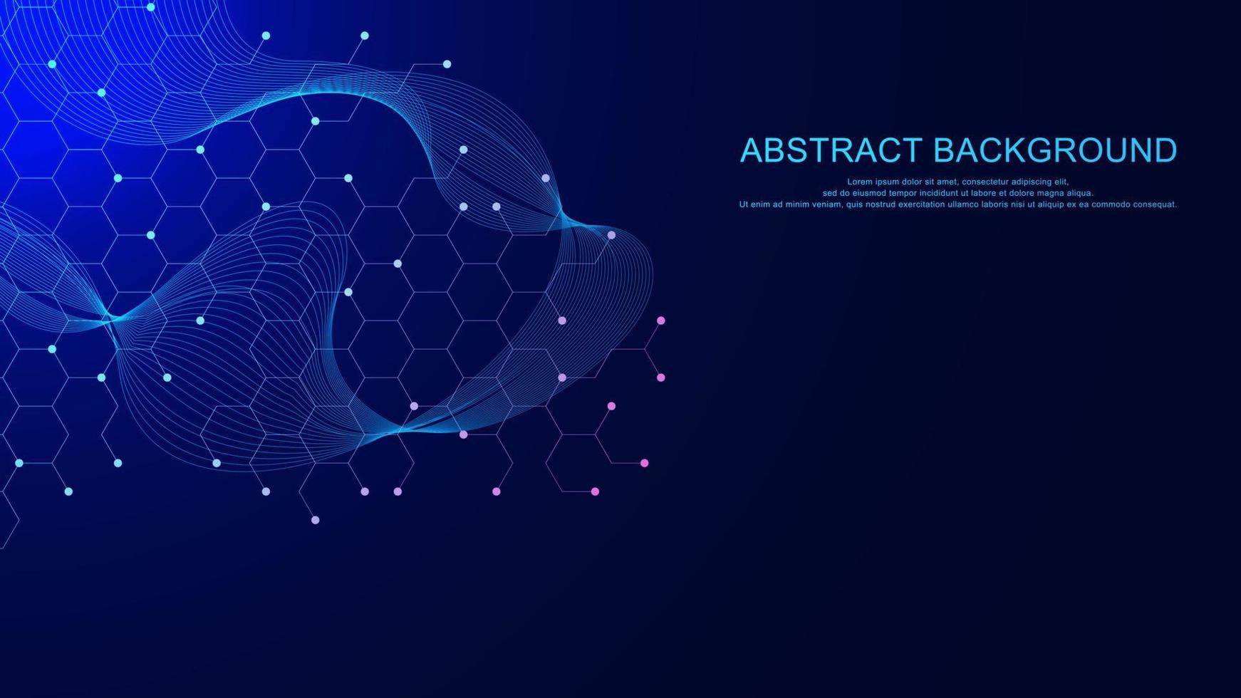 Abstract hexagonal with particles molecule, genetic, chemical compound systems background. Medical, chemistry, scientific, medicine, technology and science backdrop design. Vector illustration.