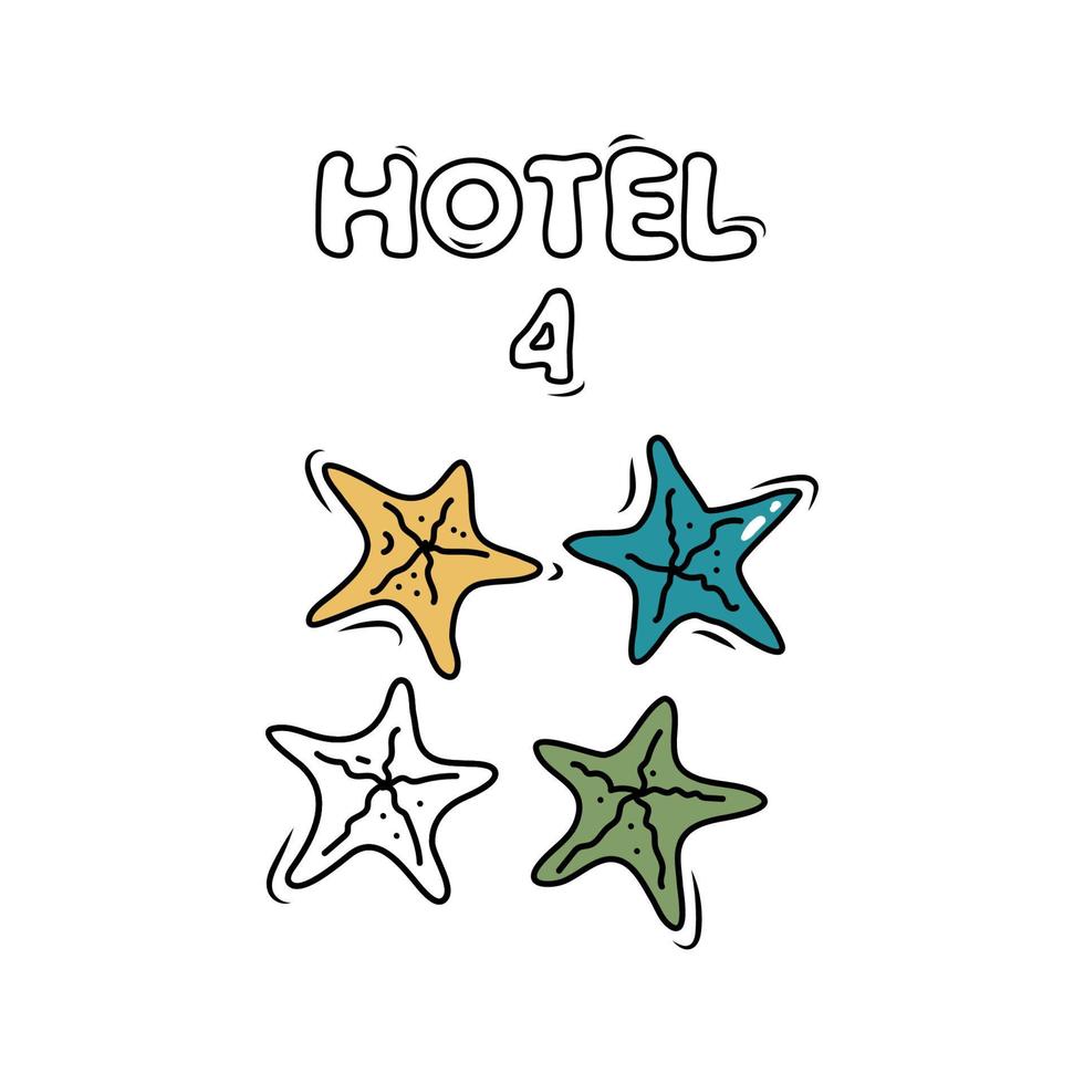 4 4 estrellas clasificación hotel, bueno servicio. mano dibujado bosquejado imagen con uno estrella de mar. garabatear dibujos animados ilustración en blanco antecedentes vector